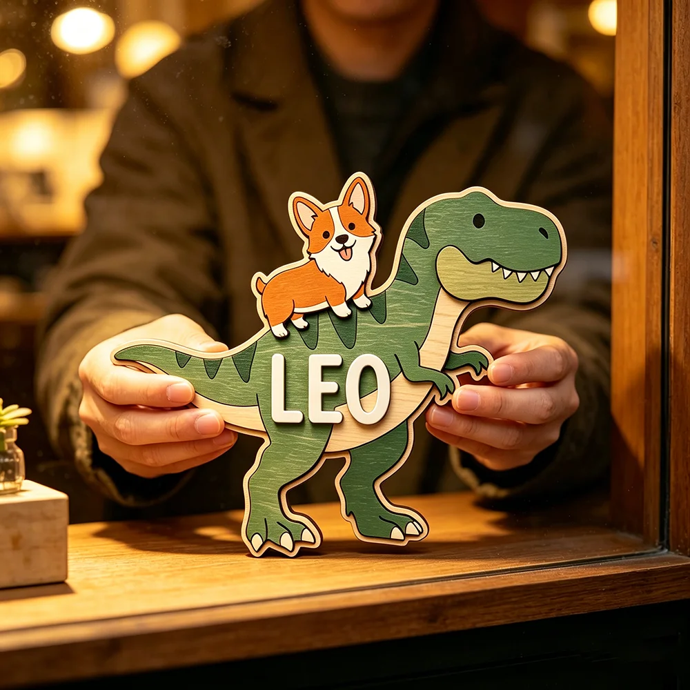 Whimsical Dog & Dinosaur Custom Name Plaque for The Dearest Baby, Unisex Corgi on T-Rex Nursery Wall Decor