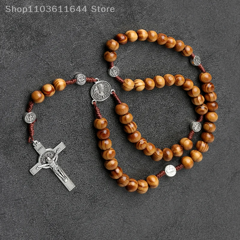 الخشب الخرز الوردية الصليب قلادة للنساء الرجال المسيحية مريم العذراء INRI سلسلة بدلاية مجوهرات الدين الموضة