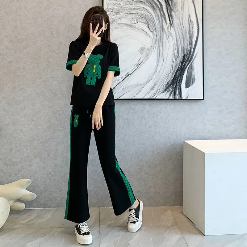 Women\'s 2023 Summer New Fashion Sweat Suit Korean Version Casual Short Sleeved T-shirt Tops Pants 2 Two Piece Set Female Clothes