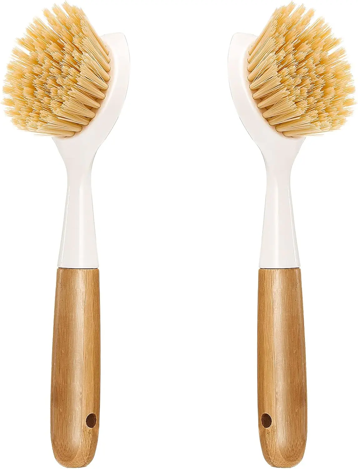 2 Pack Kitchen Dish Brush with Bamboo Handle and Built-in Scraper for Pans, Pots, Sink Cleaning