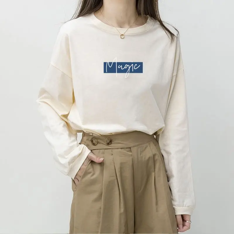 

Новинка осени 2025 года, женская футболка с длинным рукавом, свободная рубашка с круглым вырезом и принтом букв