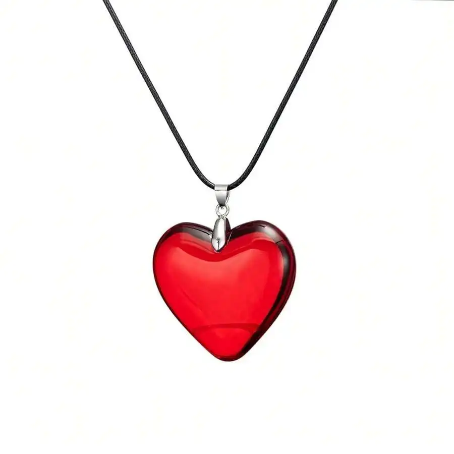 

Red Glass Heart Pendant Necklace on Black Cord Chain for Women