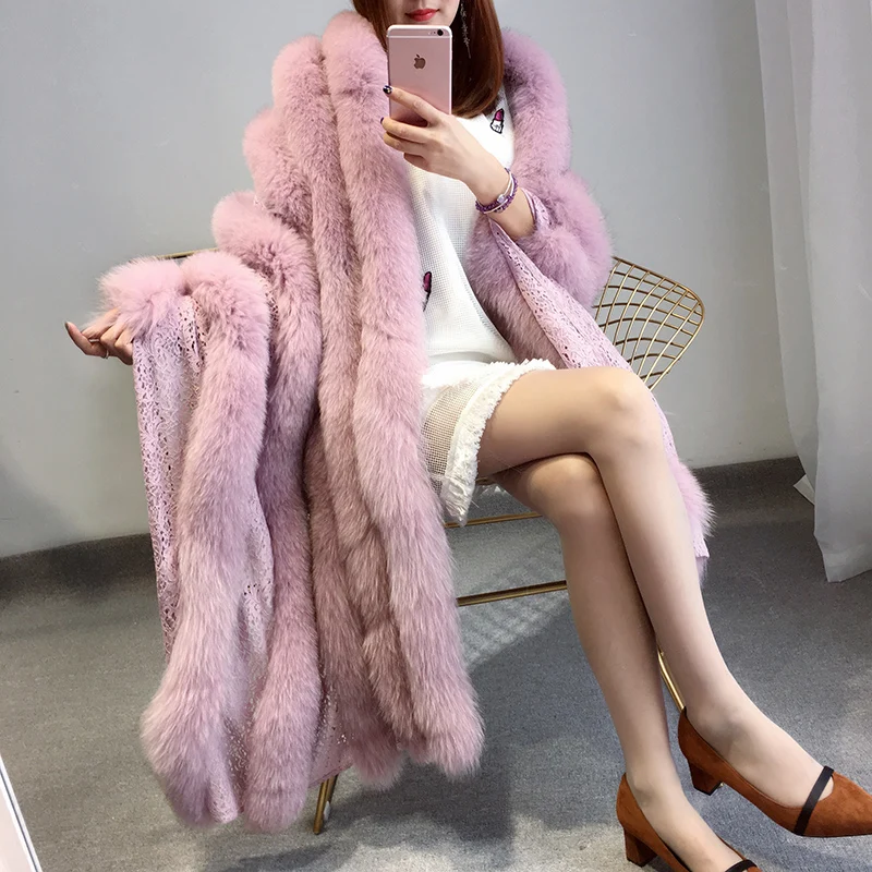 Luxury Women Faux Fox Fur Spliced Cloak Shawl Cardigan Knitted Flocking Capes Coat Striped Batwing Sleeve Big Collar Poncho Tops