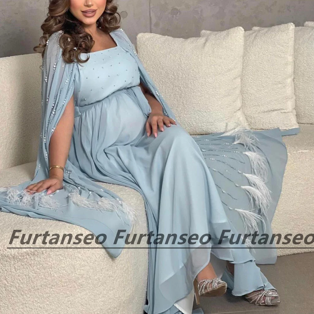 Party Gown Square Neck Shawl Feather Beaded Saudi Arabian Pregnant Women\'s Evening Dress Sheath Dubai Ankle-Length Prom Dresses