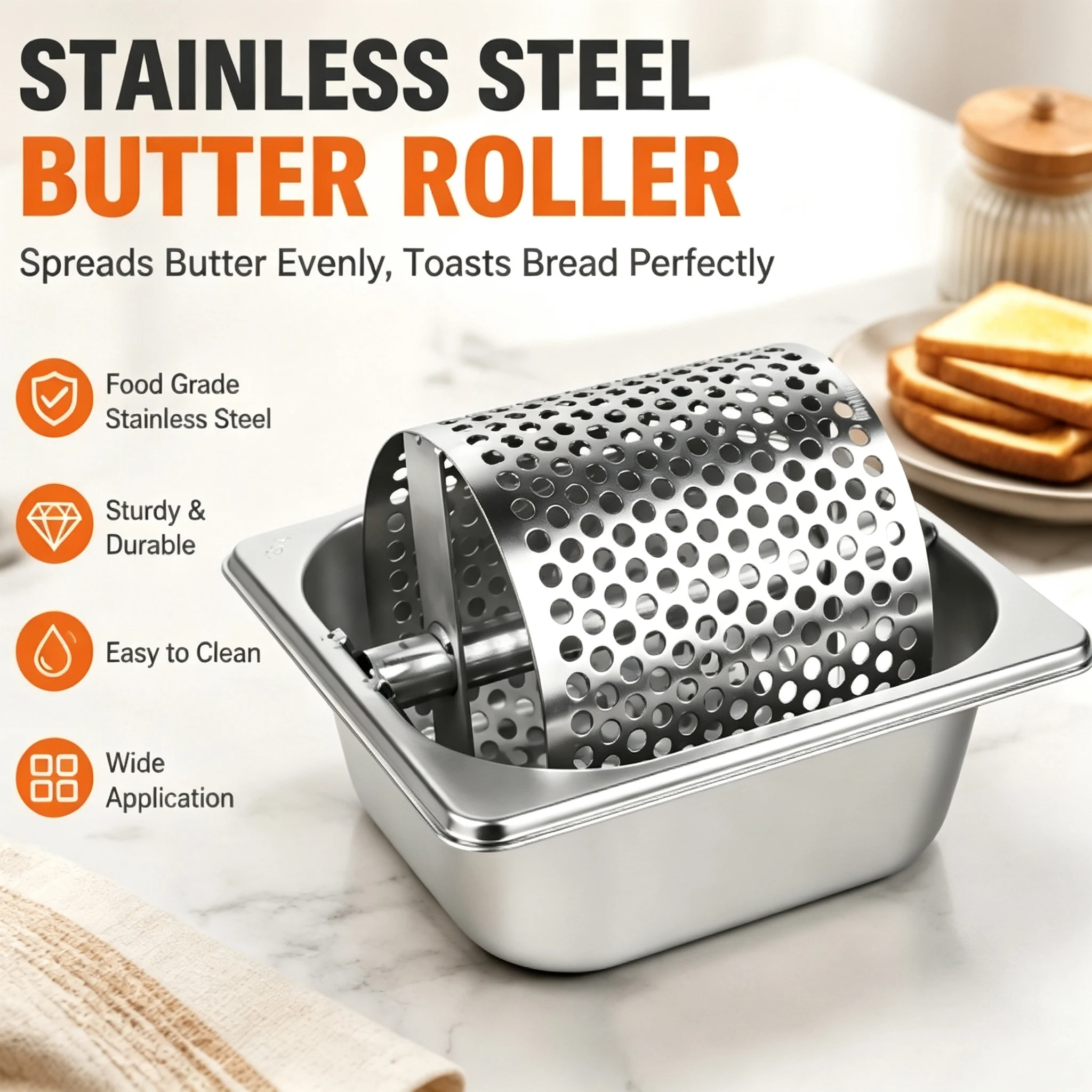 Rotary Butter Spreader Food Grade Stainless Butter Roller Even Butter Application for Toast Buns Home Commercial Kitchen Tool