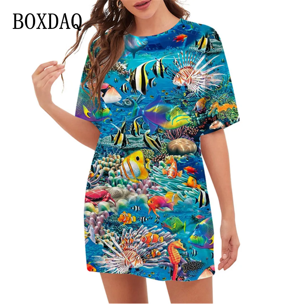 Ocean World Animal Fish 3D Print Dress For Summer O-Neck Short Sleeve Beach Style Loose Dress Oversized Women Clothing Fashion