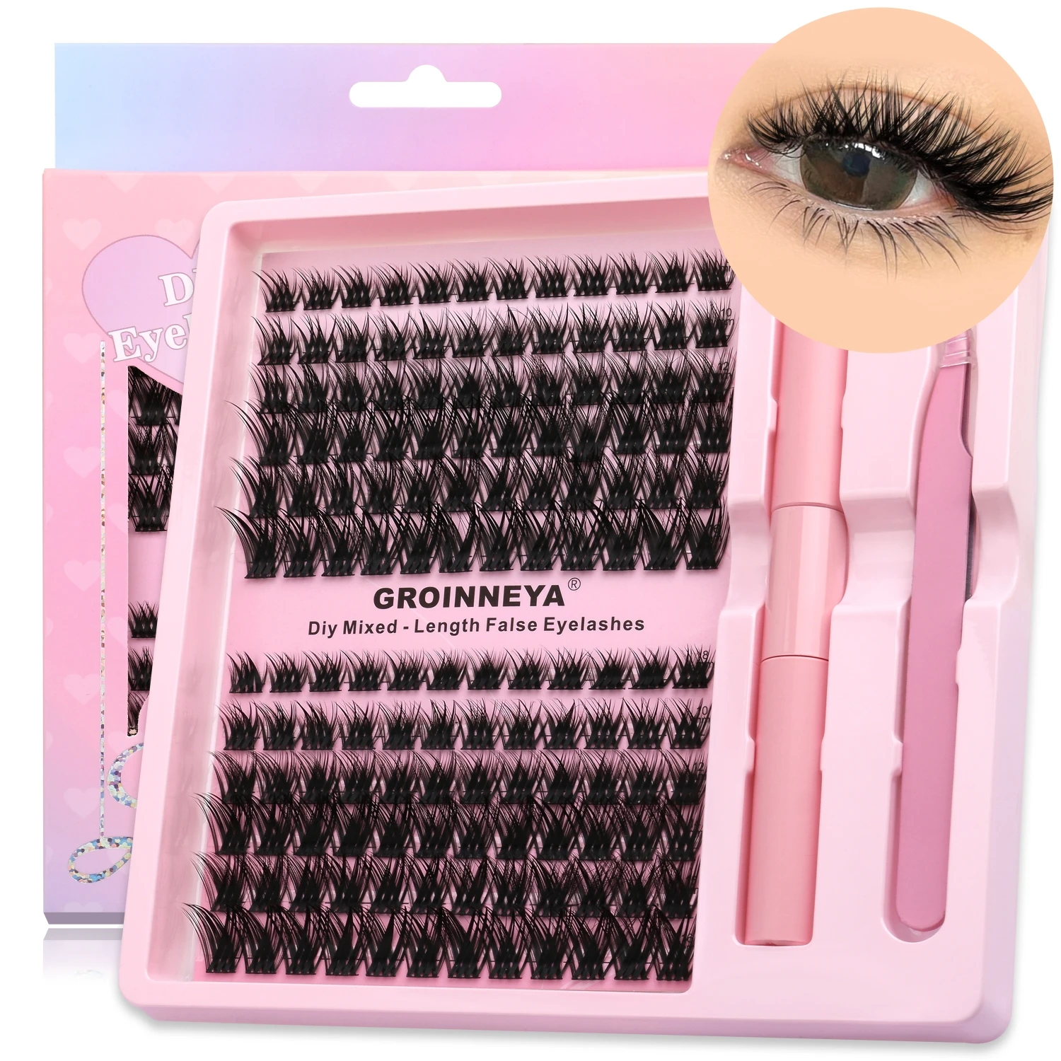 GROINNEYA Kit grappoli per ciglia Ciglia per gatti con legame per ciglia e sigillo Cluster Estensioni ciglia Kit grappole per ciglia fai da te Fai da te a casa