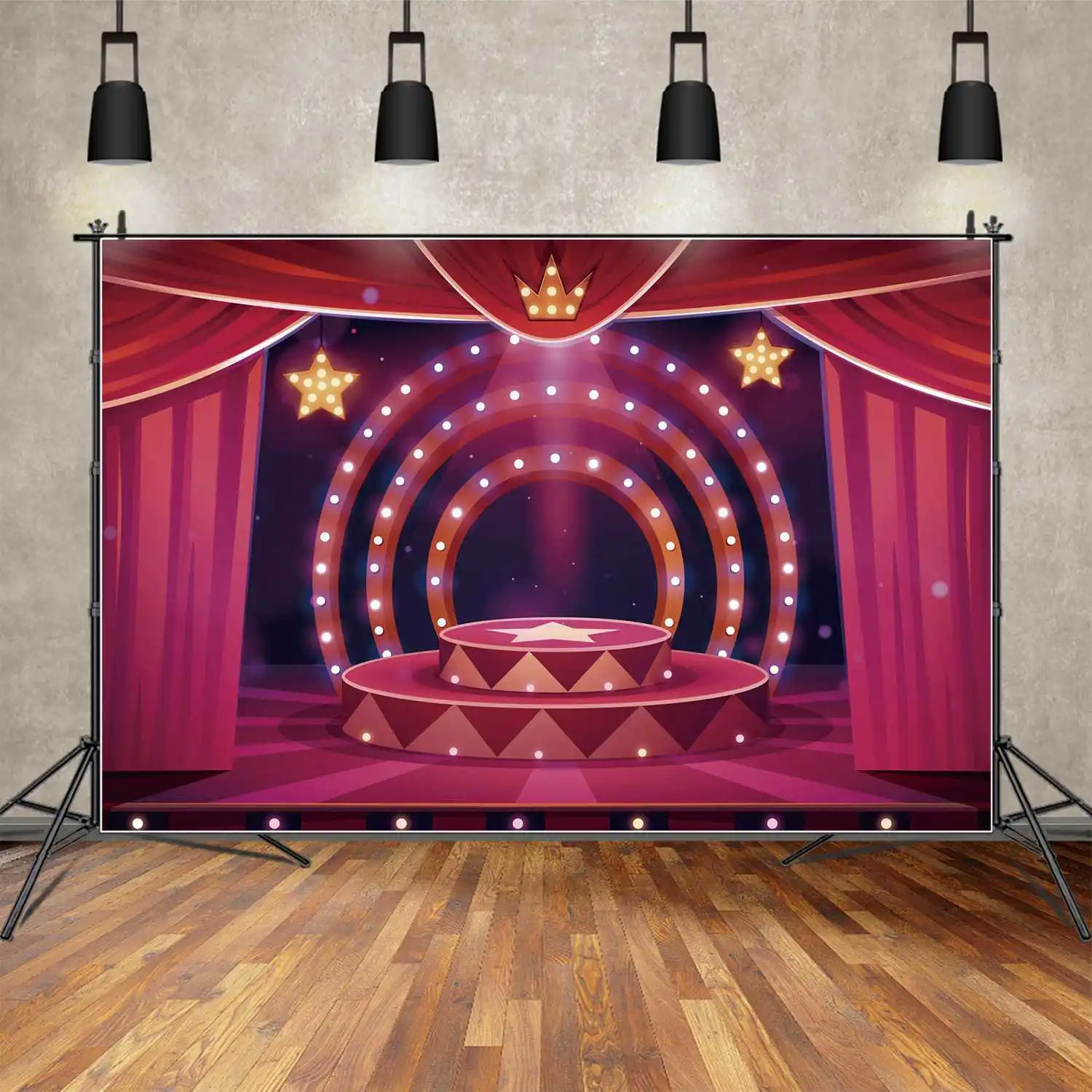 

MOON.QG Backdrop Birthday Party Red Curtain Got Talent Show Dance Stage Background Customized Star Crown Light Photo Booth Props