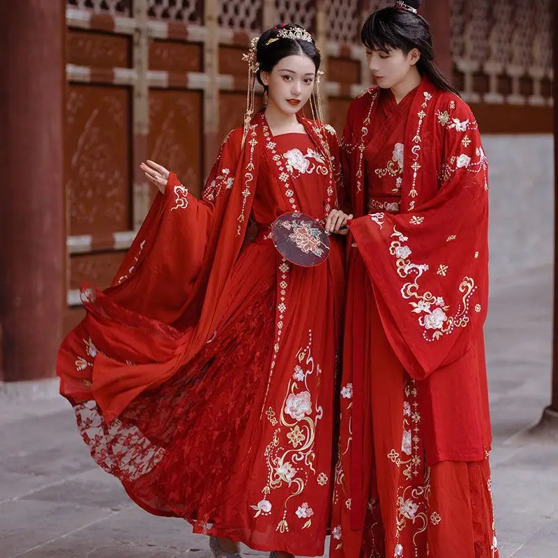 Chinese Hanfu Dress Women&Men Cos Costume Party Outfit Ancient Chinese Bridal&Bridegroom Embroidery Red Wedding Dress Plus Size