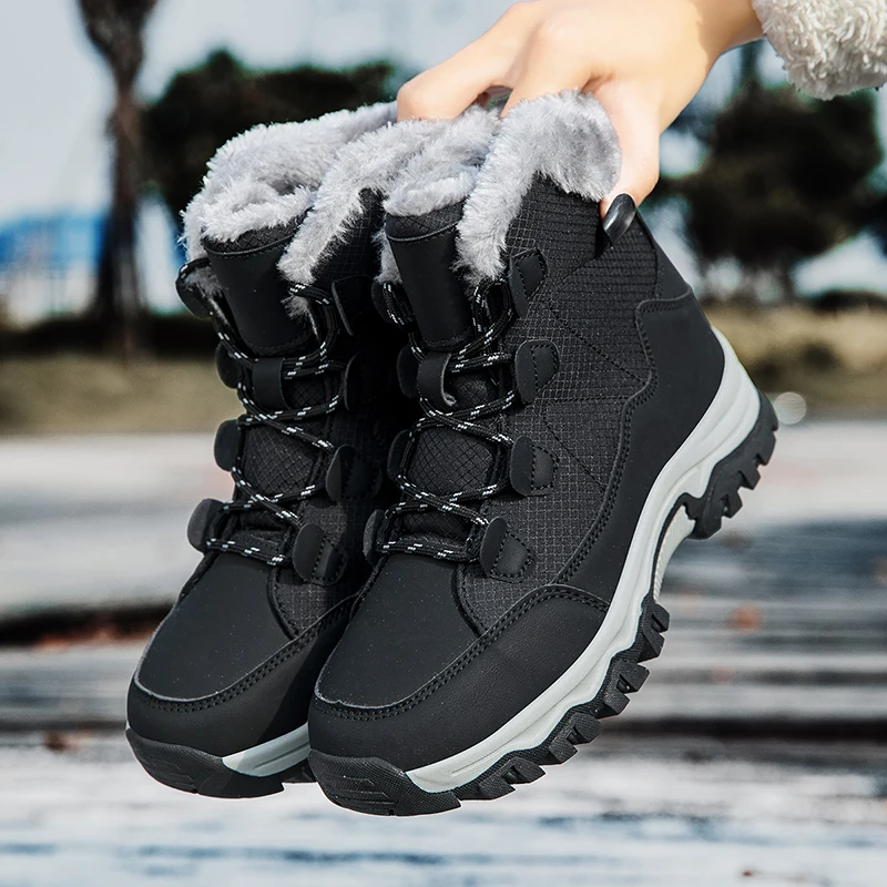 

Antiskid Warm Snow Boots Woman plush Ladies Outdoor Ankle Boots big size 42 Mid-Calf Boots Black high-top walking shoes lace-ups