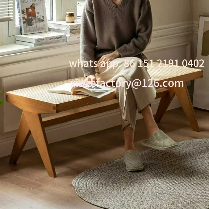 مقعد تغيير الأحذية المنزلية القابل للتخصيص لغرفة المعيشة وغرفة الطعام وكرسي مقعد من الخشب الصلب وشريط طويل من الخيزران مقعد عتيق لثلاثة أشخاص #4