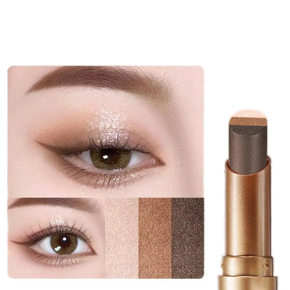 Bâton d'ombre à paupières progressif nacré à trois couleurs, bâton d'ombre à paupières paresseux pour novice, Texture lisse longue durée ﻿