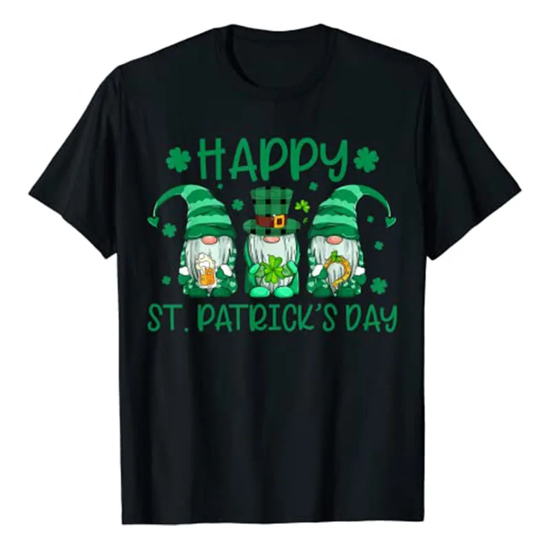 

Three Gnomes Holding Shamrock Leopard Plaid St Patrick's Day T-Shirt Women Clothing Vintage Streetwear Tops Gift Idea