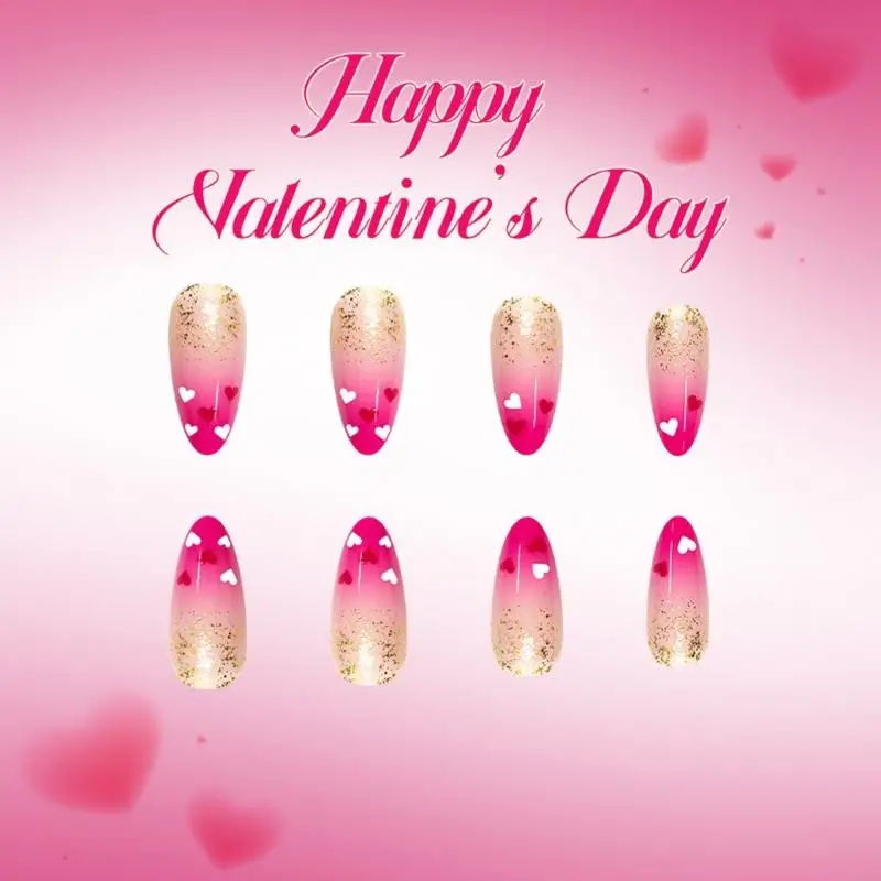 C1FF Không Gây Dị Ứng ABS Móng Tay Giả 24 Chiếc Valentine Trái Tim Màu Hồng Bóng Giữa Quan Tài Móng Tay Giả Dành Cho Da Nhạy Cảm