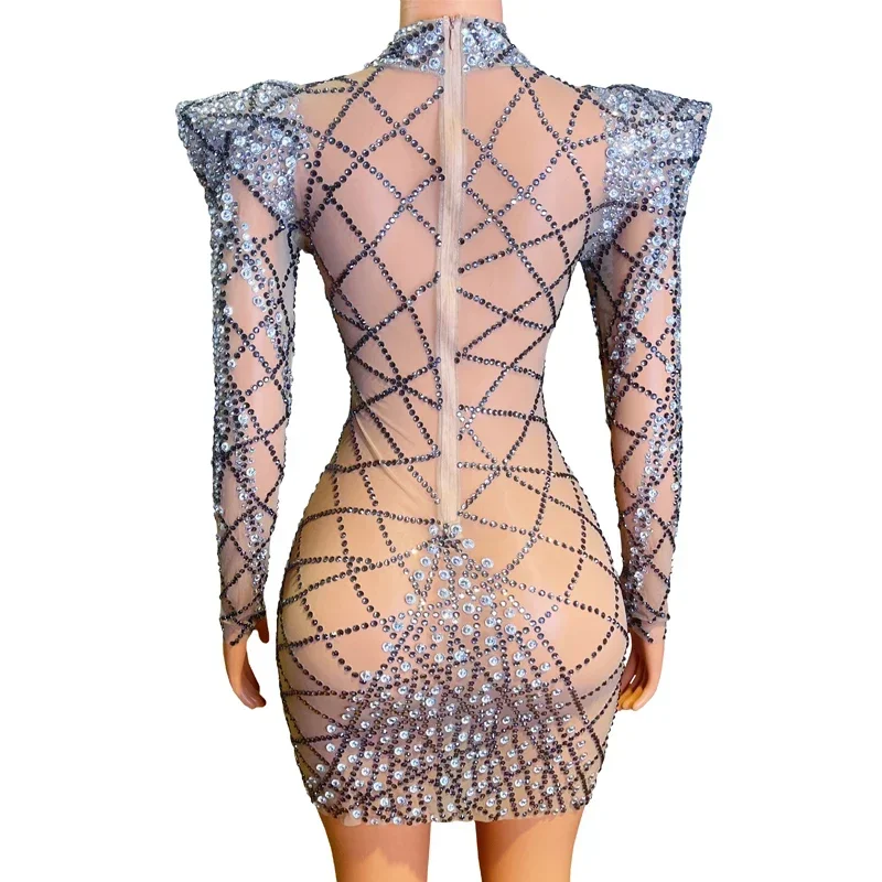 Volle Strass Kleid Sexy Mesh Transparent Kleid Frauen Abend Geburtstag Feiern Outfit Bühne Sängerin Tänzerin Kostüm XS6086