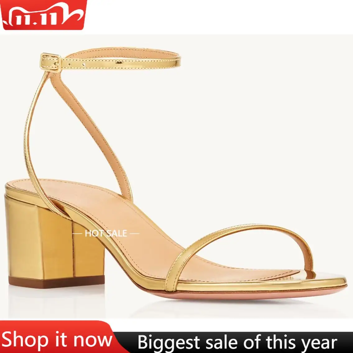 

【Measure your feet length before order】Temperament Women Block High Heel Sandal Round Toe Ankle Strap Party Dress Shoe 90-CHC-30