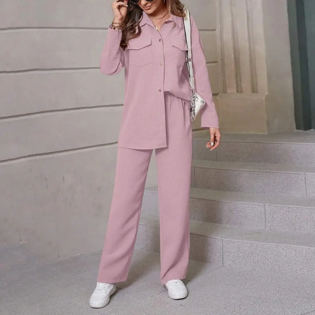 Traje de pantalón de Color liso para mujer, traje de viaje elegante, conjunto de camisa y pantalones con solapa, blusa elástica con botones para otoño