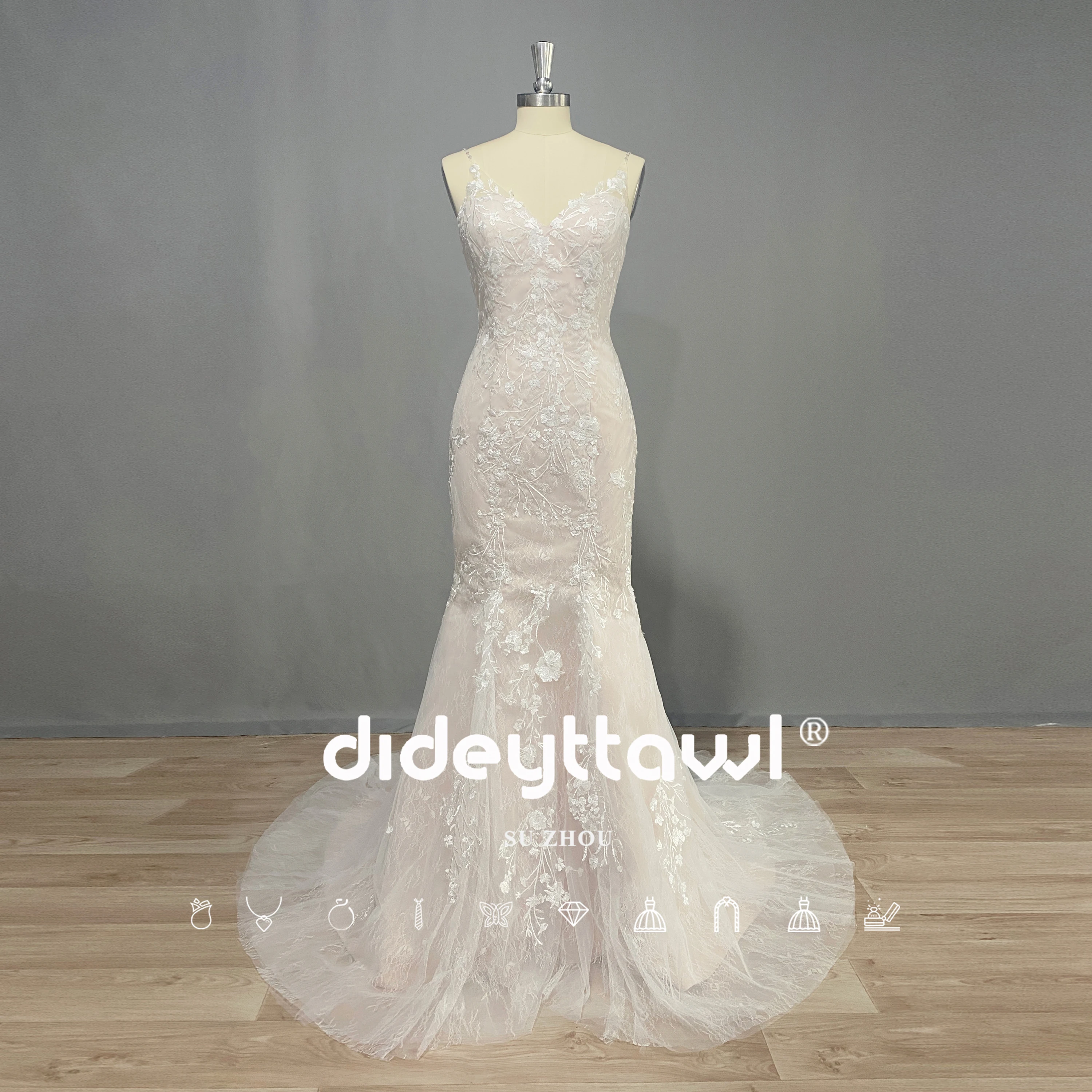 DIDEYTTAWL Real Photo Lace Appliques Mermaid Wedding Dresses V Neck Lace Spaghetti Strap Trumpet Bridal Gown Vestido De Novia