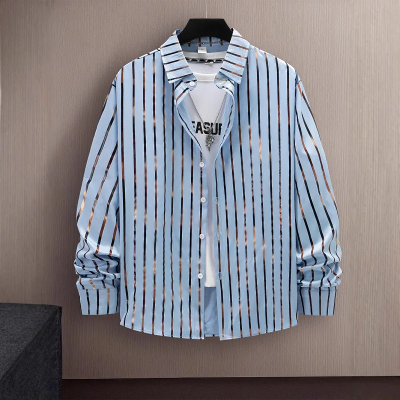 

insHot-Selling Fashion Men's Striped Gold Foil Print Casual Long Sleeve Shirt