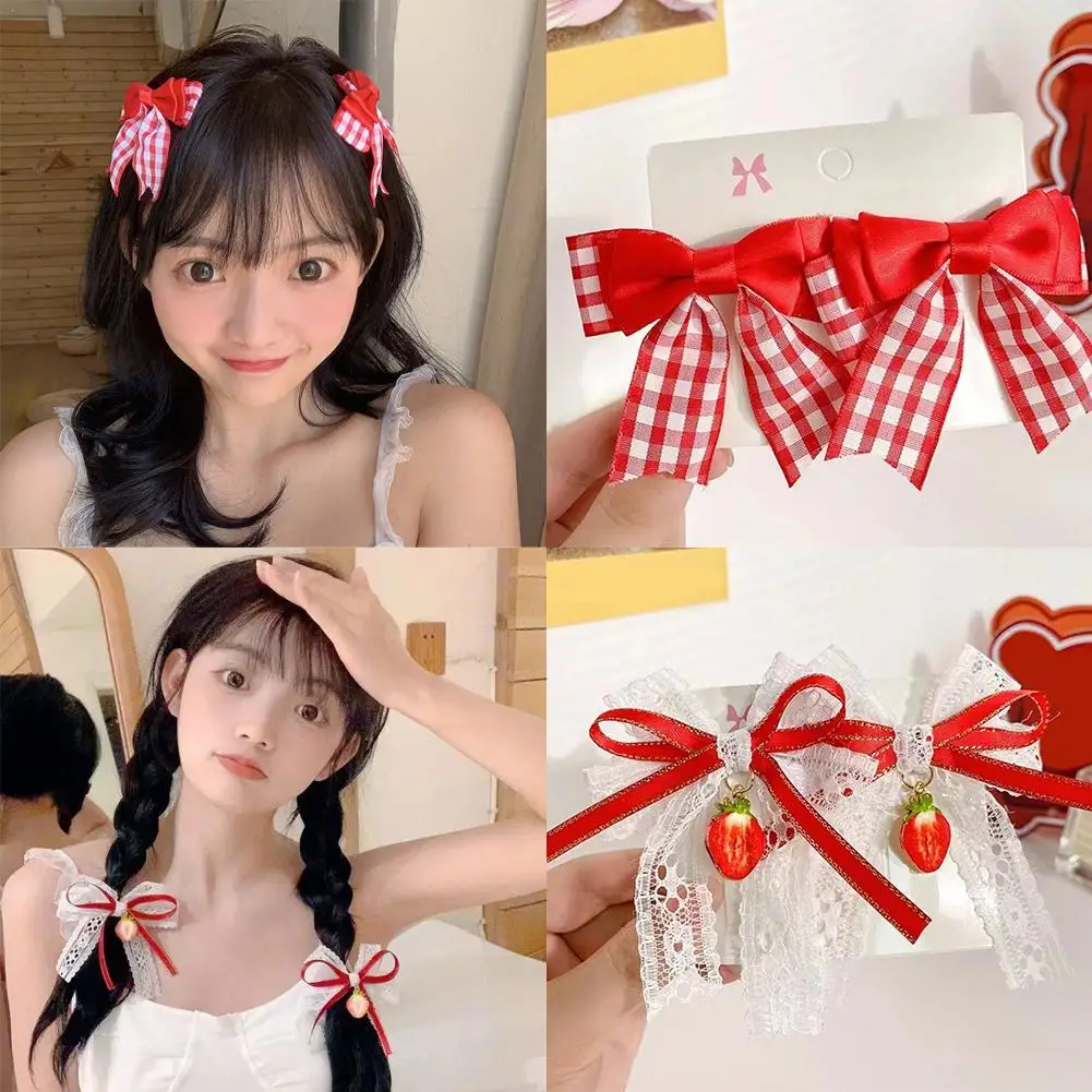 Strawberry Bow Hair Clip Sweet Bowknot Cute Korean Girls Female Hairpin Fashion Barrettes Lovely Headwear Hair Grip Bobby Pin