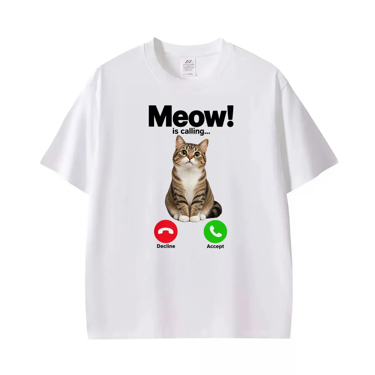 Funny Cat Calling Meow Is Calling Phone Screen T ShWomen Casual  Short Sleeve T-shirts Summer Tops O-Neck T-shirt