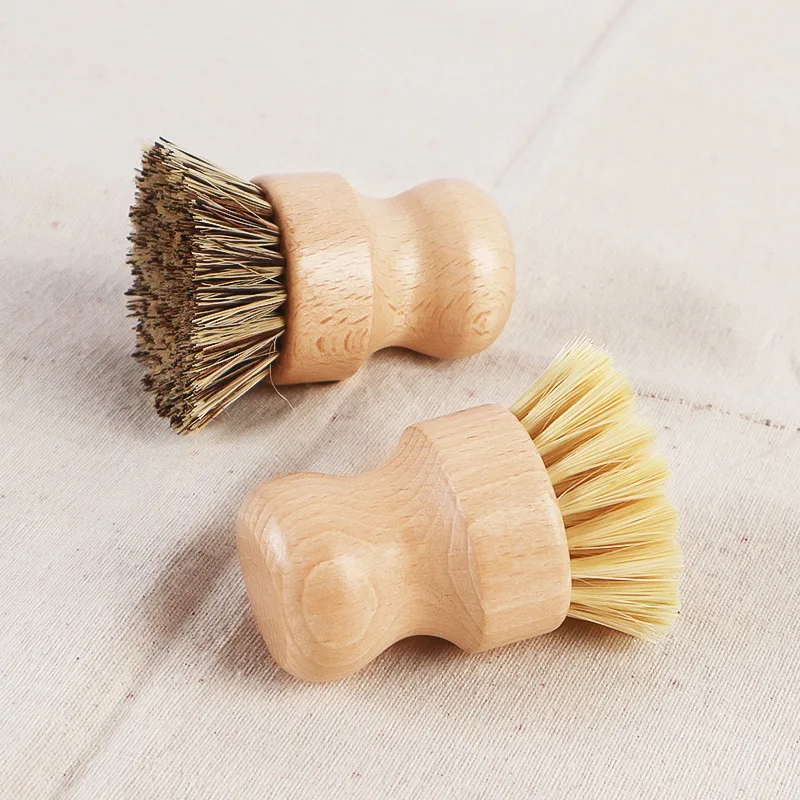 Bamboo Dish Scrub Brushes, Kitchen Wooden Cleaning Scrubbers for Washing Cast Iron Pan/Pot, Natural Sisal Bristles