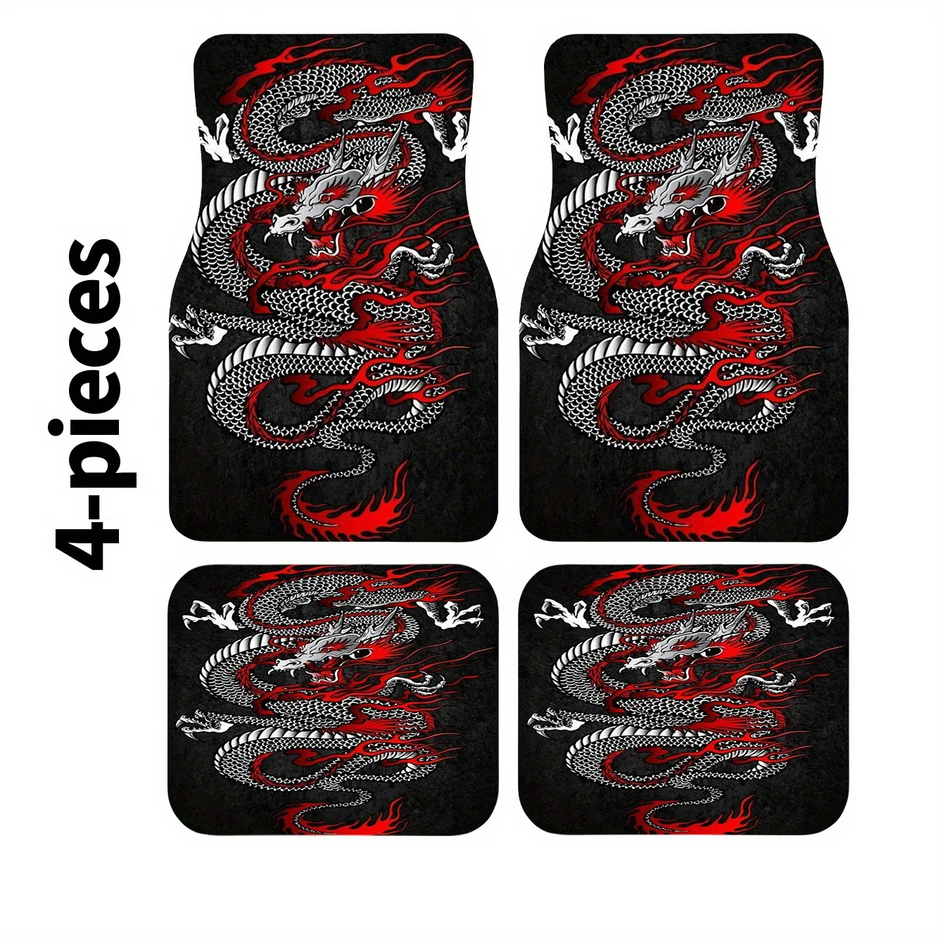 4pcs Set Of Silvery Dragon And Red Flame Print Car Floor Mats, Front And Rear Carpets, Car Interior Accessories Floor Mats, Suit