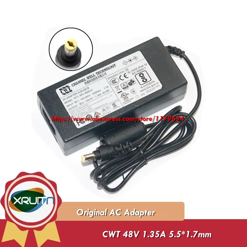 Genuine OEM CWT 48V 1.35A 65W AC Adaptor KPL-065S-II For Hikvision Video Recorder NVR POE Power Supply Charger Adapter 5.5*1.7mm