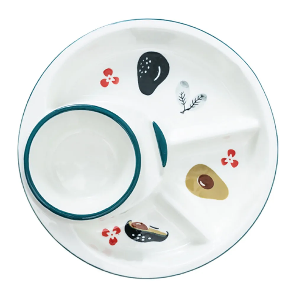 

Multi-Grid Ceramic Divided Plate with Adorable Fruit Pattern for Breakfast Snacks Salad Serving Home Restaurant Kitchen Gadget