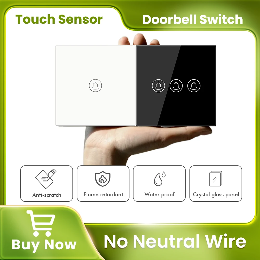 LOGEN EU Standard Doorbell Switch Glass Panel Wall Switch Touch Sensor Switch 1Way No Neutral Wire 500W 220V 1/2/3Gang