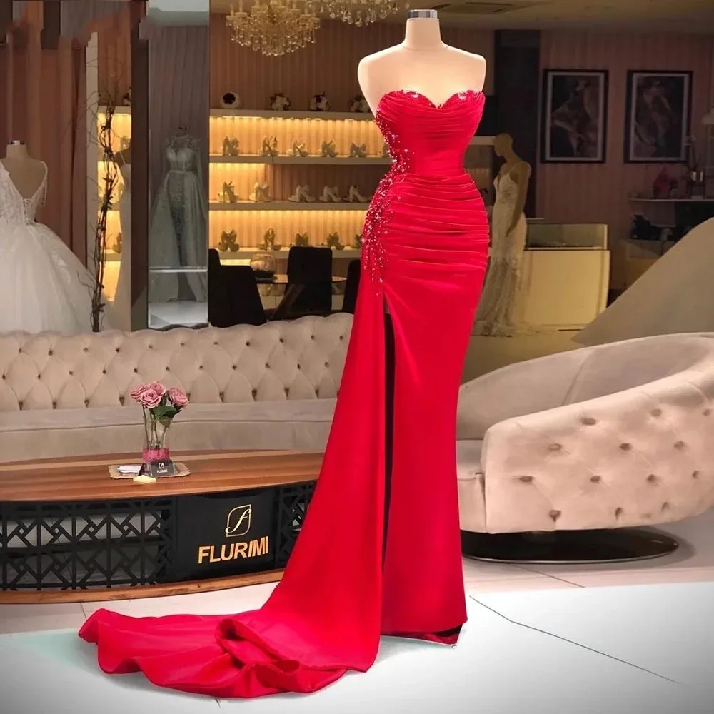 

Vintage Red Mermaid Prom Party Gowns Saudi Arabic Beading Pleats Dubai Women Abendkleid Slit Side Formal Long Evening Dress