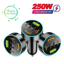 250W PD Car Charger 6 Ports Fast Charging PD QC 3.0 USB C Car Quick Charger Type-C Adapter in Car For iPhone Samsung Xiaomi