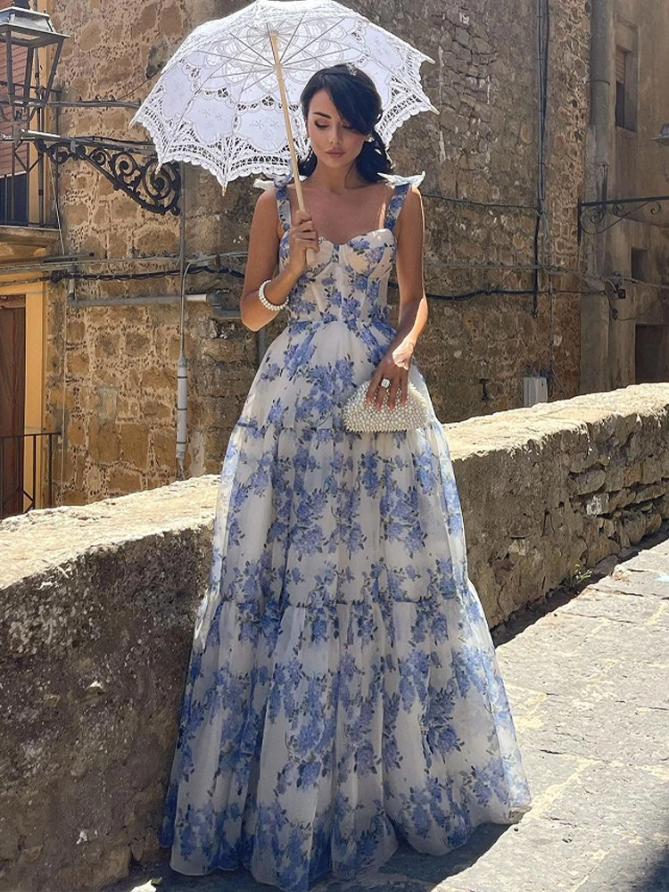 Evening Dresses Women Off Shoulder Backless Floral Printed Dress Ladies Elegant Princess Wedding Party Long Dresses Vestidos