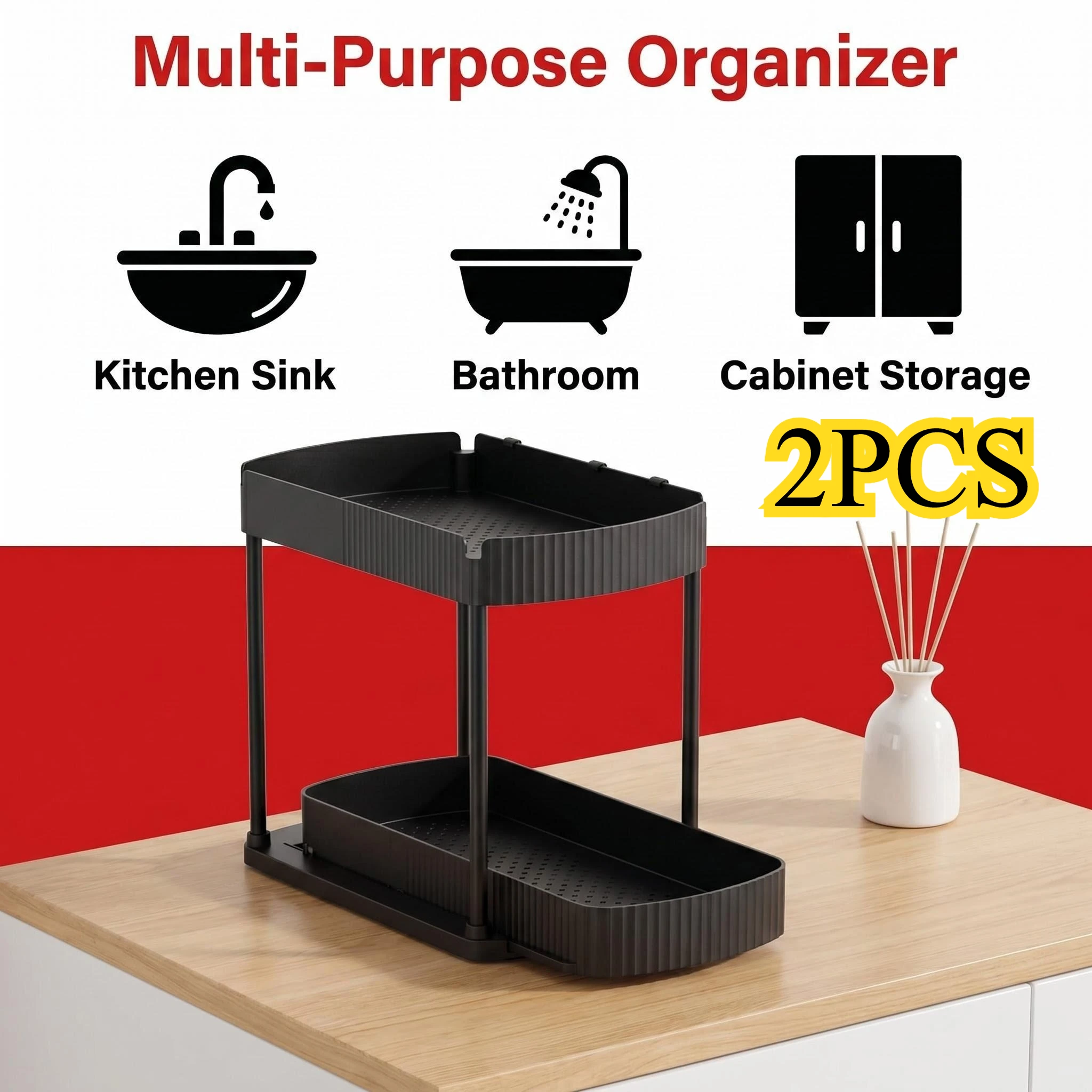 

Black Double-Layer Sink Base Storage Rack Drawer Design Thickened Plastic Kitchen Bathroom Organizer with Hooks Space-Saving