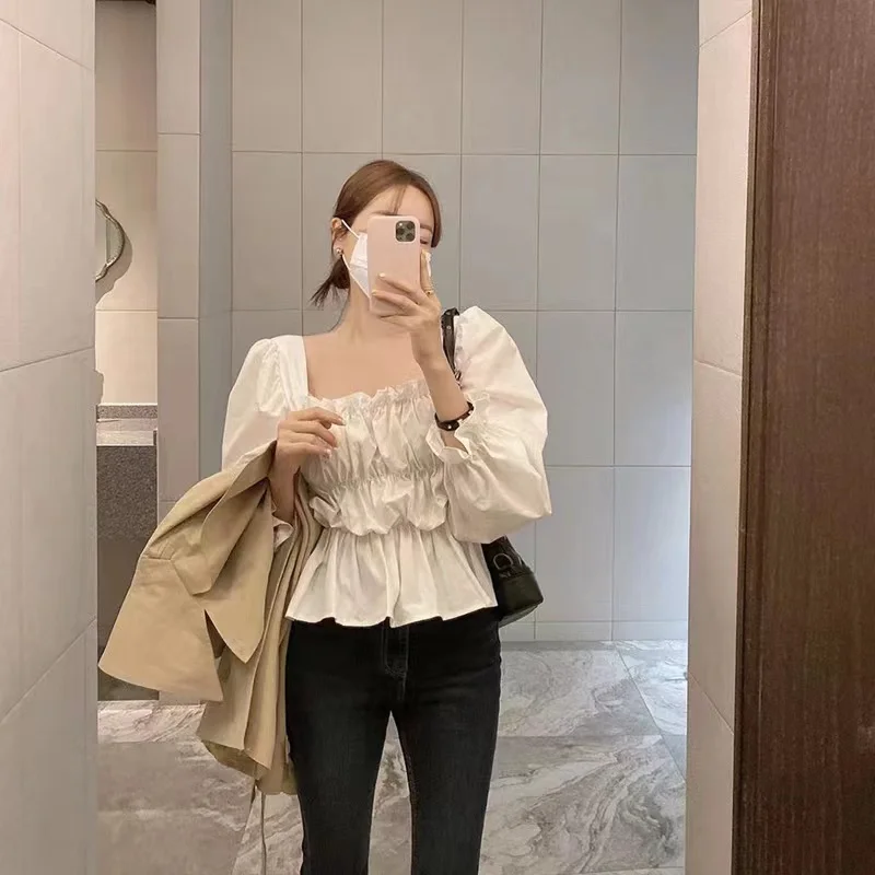 2024 Fashion New Sweet Women Blouse White Ruffle Shirt Korean Style Square Neck Elegant Tops Long Puff Sleeve Clothing