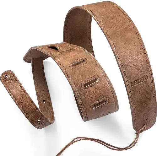 Lekato Correa de guitarra de 2,5 pulgadas de ancho de cuero con espuma gruesa acolchada para bajo guitarra eléctrica correa de cuero ajustable de 41 a 51