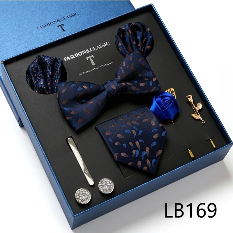 1 Set Of Men\'s Striped Tie, Tie Clip, Bow Tie, Pocket Handkerchief, Brooch And Cufflinks Set, Gift Box For Men