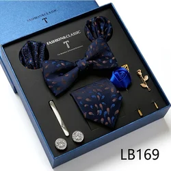 Corbata a rayas para hombre, Clip de corbata, pañuelo de bolsillo, juego de broche y gemelos, caja de regalo para hombre, 1 Juego