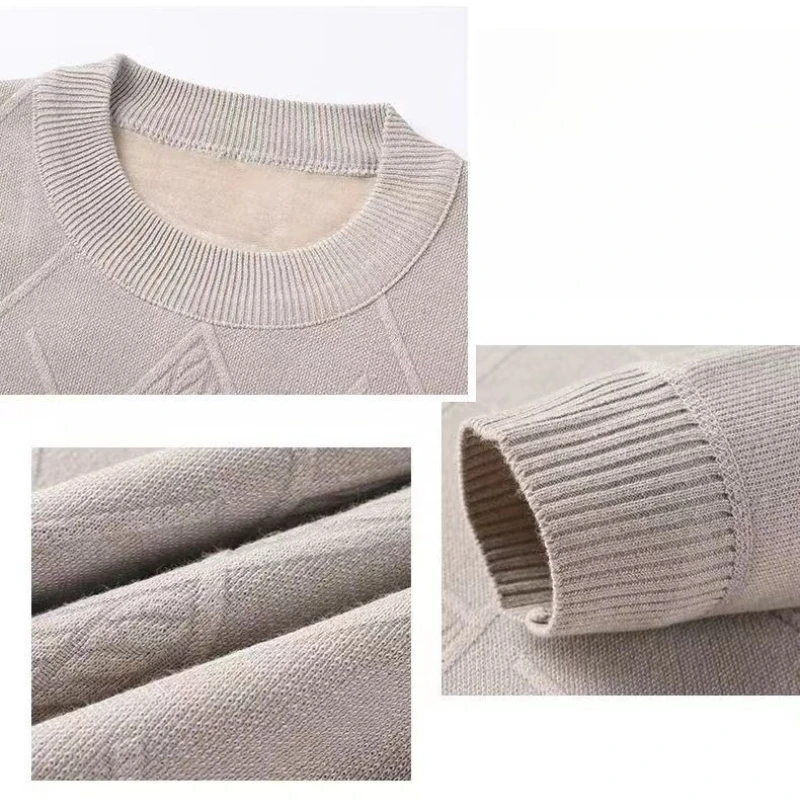 겨울 남성 캐주얼 플리스 안감 스웨터 일체형 다이아몬드 패턴 따뜻한 베이스 레이어 탑 O넥 프린트 니트 스웨트셔츠