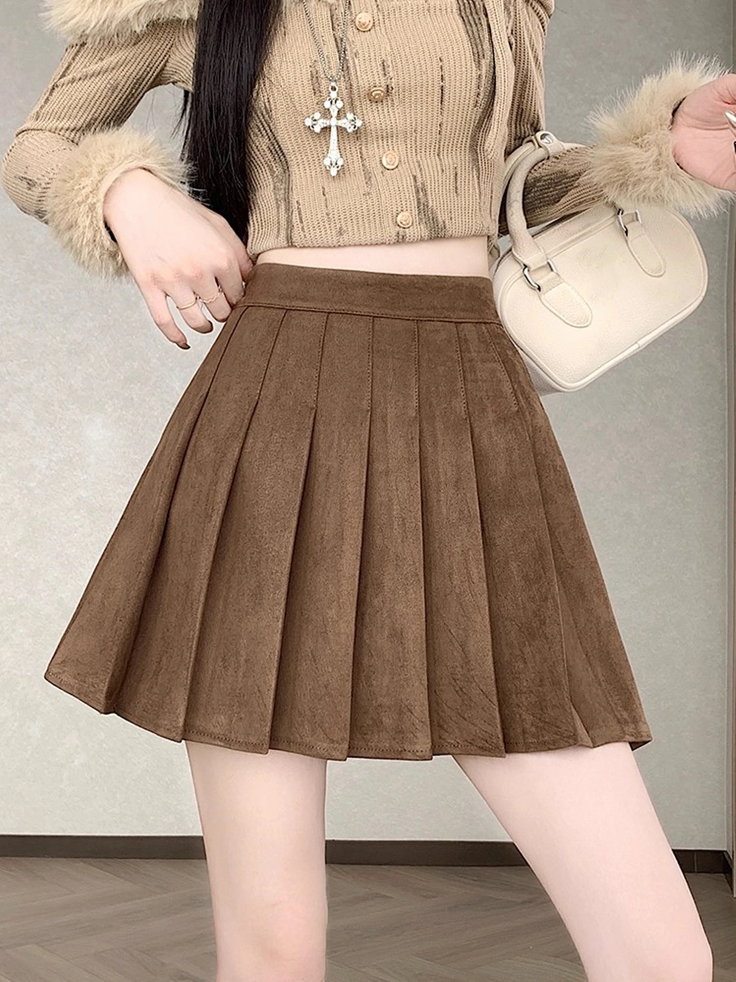 

High Waist A-Line Skirt Women's Spring New Style Pleated Deer Skin Velvet Skirt High Waist Small Size Korean Style