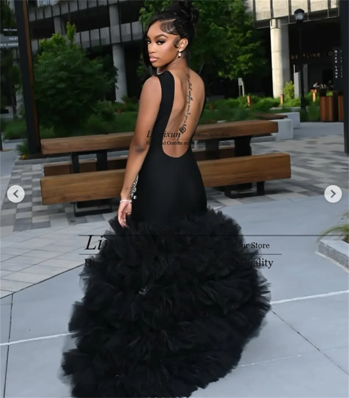 New African Black and Gold Mermaid Prom Dresses 2021 High Neck Satin Sexy See Through Open Back Long Sleeve Prom Evening Gown