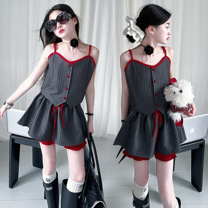 

14 design Spring/Summer teen girls shorts set Contrast Striped Strap tops+A-line Skirt Pants 2pcs junior kids suit child outfits