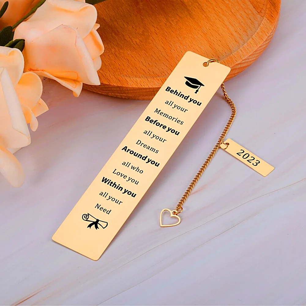 

Custom Engraved Inspirational Phrases Bookmark Stainless Steel Book Mark Personalised Heart Tassel Pendant Jewelry for Students