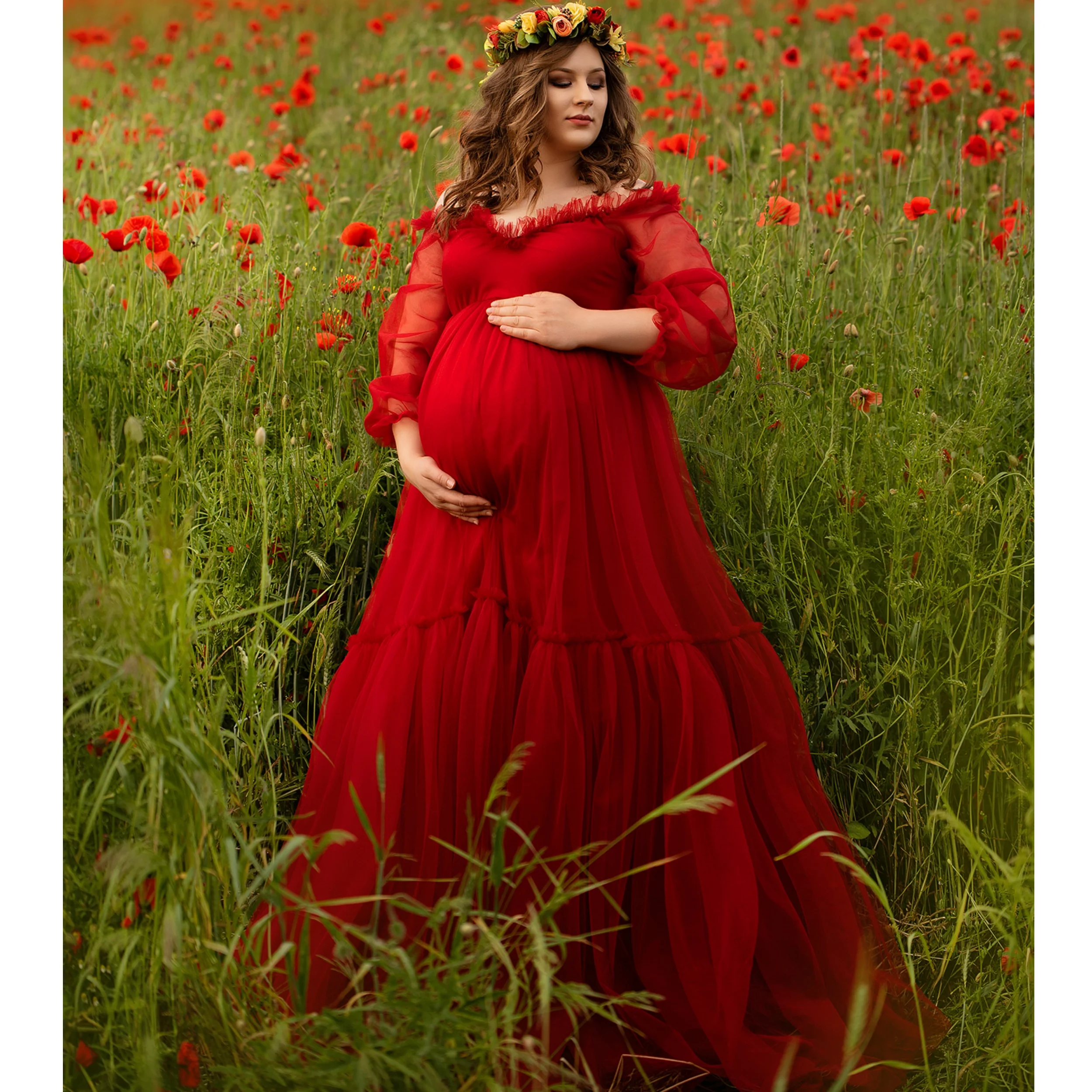 

Red Maternity Dresses V Neckline Long Sleeves Vestidos for Pregnant Woman Ruched Floor Length for Baby Shower Robe Dress