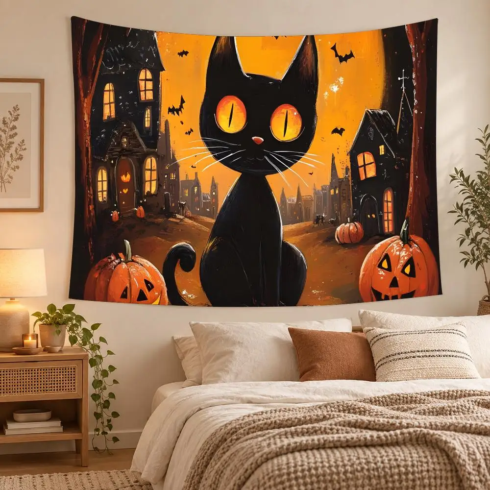 Cartoon Black Cat Halloween Night Tapestry Wall Decoration Suitable For Living Room Bedroom Study Party Home Decor Gift