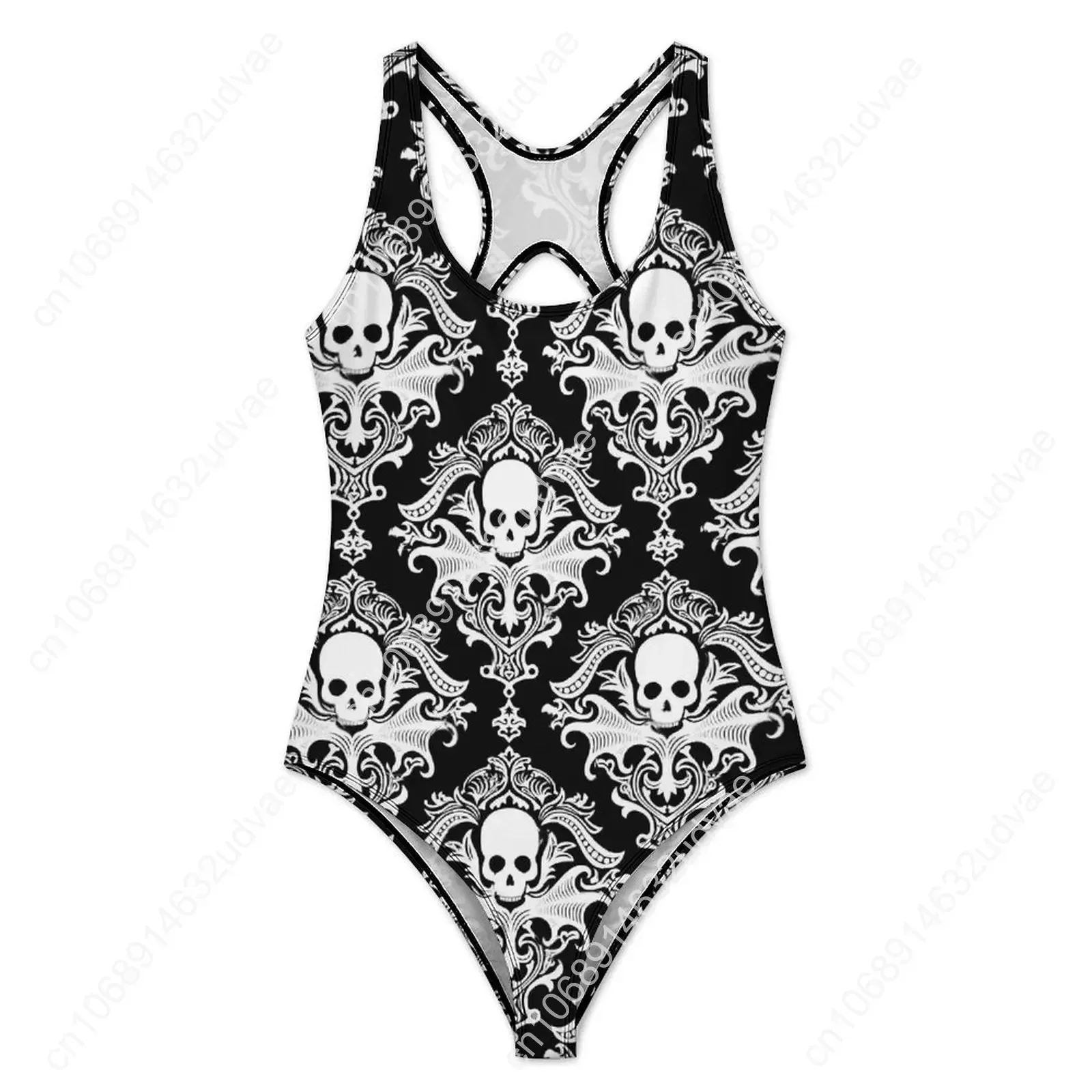 Gothic Skulls Print Swimsuit Retro Damask Swimwear One Piece Holiday Swim Bodysuit Bathing Suits Woman Push Up Sexy Beach Wear