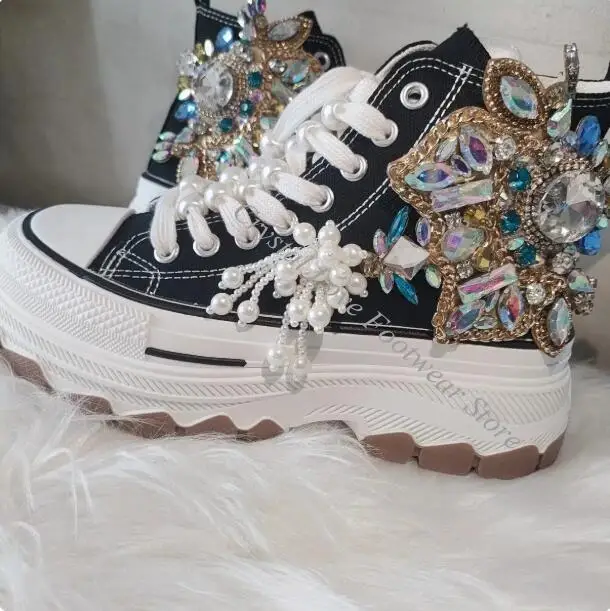 Gold Chains Bling Rhinestone flower embellished Waved Thick Platform Sole Lace- Up Ankle Boots Black Fabric Woman Short Booties