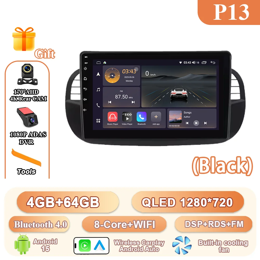 9 ''Android 15 Autoradio Stereo Voor Fiat 500 2007-2015 Auto GPS Navigatie Stuurbediening Multimedia Carplay 4G + WIFI