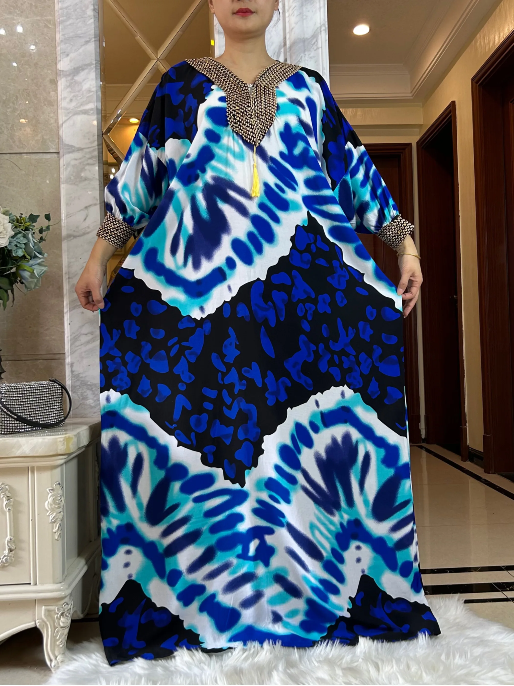 

New Muslim Ramadan Abaya Long Sleeve AfricanPure Cotton Printed Fabric Loose Femme Robe Islamic Dresses With Oversize Scarf