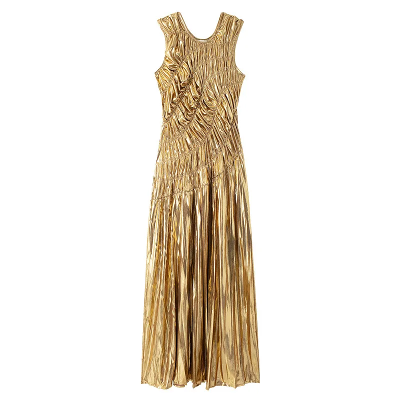 

TIFICY Autumn New Women's Sleeveless Fashion Sexy and Elegant Temperament Hot Gold Pleated Streetwear Long Dress